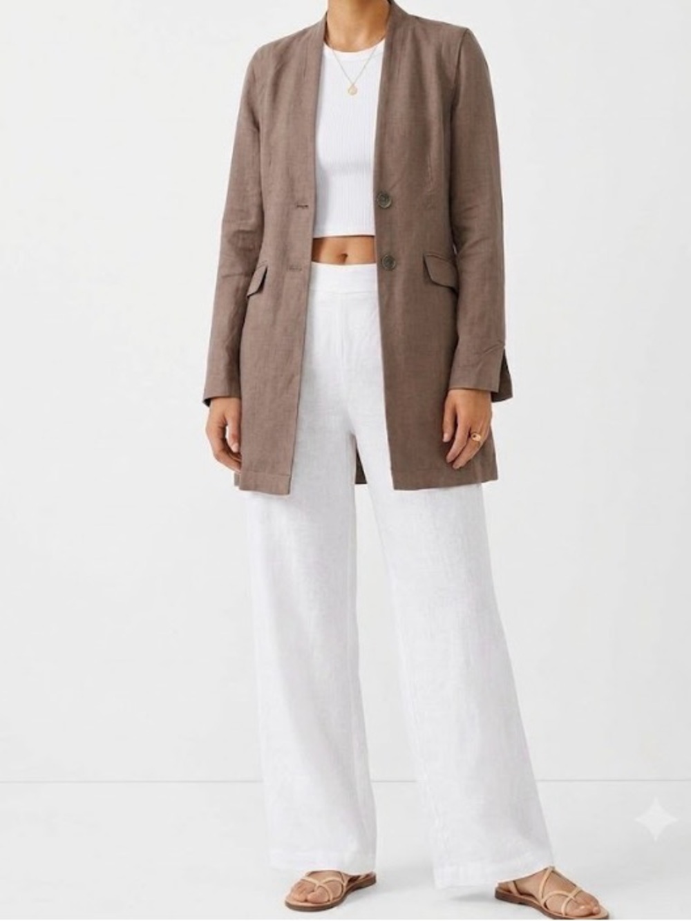 OLSEN 100% Linen Longline Blazer Duster Jacket Brown Size 6 Lagenlook EUC